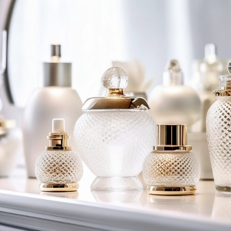 Luxury advertising photo with perfume bottles on dressing table in front of a mirrow, close up. AI generative